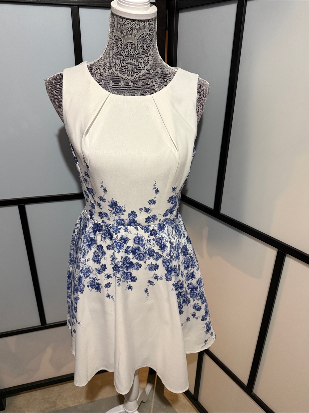 Teeze Me White Mini Dress with Blue Floral Pattern